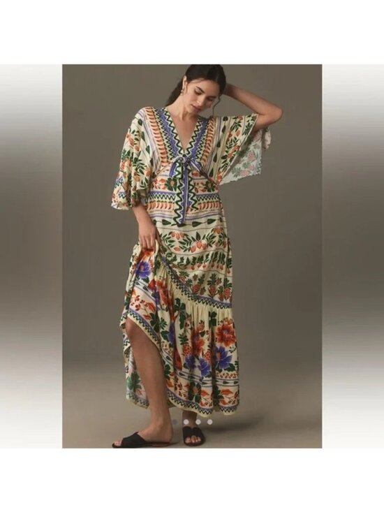 FARM Rio Dresses & Skirts - FARM Rio X Anthropologie V-Neck Kaftan Maxi Dress With CutOut Fruit Floral Print